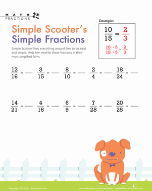 Fractions worksheet for Fourth Grade Simple fractions worksheet featuring a scooter cartoon character for fourth graders to practice reducing fractions. Fun and engaging learning resource for mastering fraction concepts.