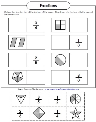 Engaging worksheet to help kids practice reducing fractions to their simplest form Simple Fractions with Scooter worksheet featuring fun cartoon characters for fourth graders