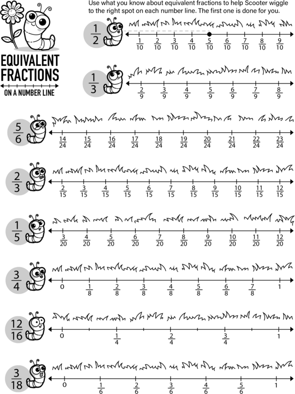 Engaging worksheet for practicing reducing fractions to their simplest form Simple Fractions with Scooter worksheet featuring fun cartoon characters for fourth graders