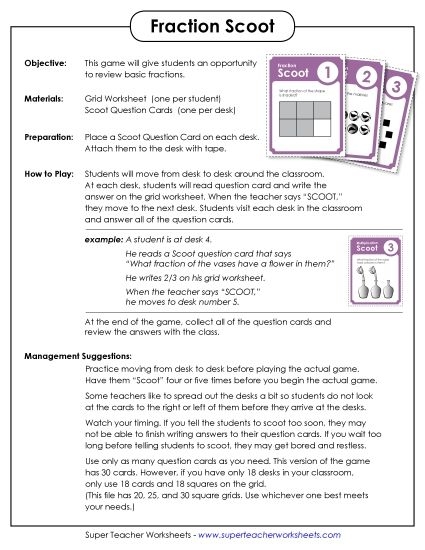 Fractions worksheet for Fourth Grade Simple Fractions with Scooter worksheet for fourth graders featuring fun cartoon characters to engage children in learning. Educational activity sheet for practicing reducing fractions to their simplest form.