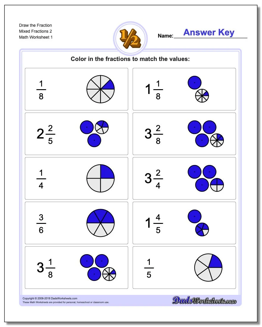 Fractions worksheet for Fourth Grade Simple Fractions with Scooter worksheet for fourth graders featuring fun cartoon characters to engage students in learning. Educational resource for practicing reducing fractions to their simplest form.