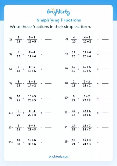 Simple Fractions with Sylvia Worksheet 16 Fourth grade math worksheet featuring cartoon character Sylvia helping students learn to simplify fractions