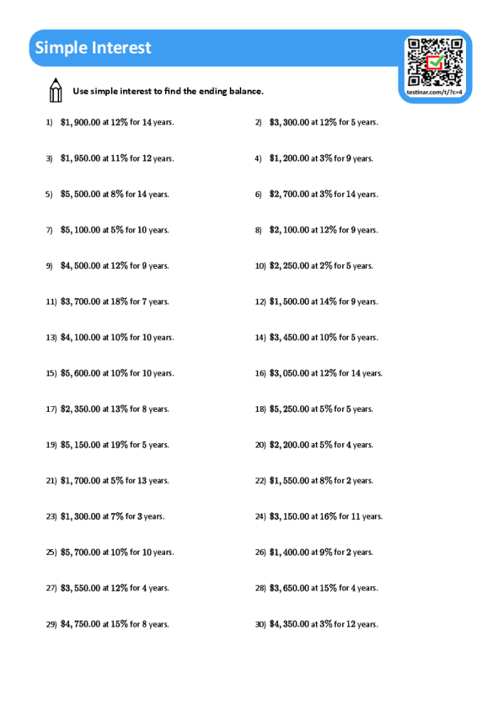 Seventh grade student solving simple interest word problems on a math worksheet with calculator and notebook