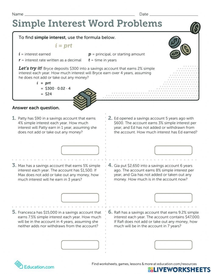 Seventh grade math worksheet featuring word problems about calculating simple interest