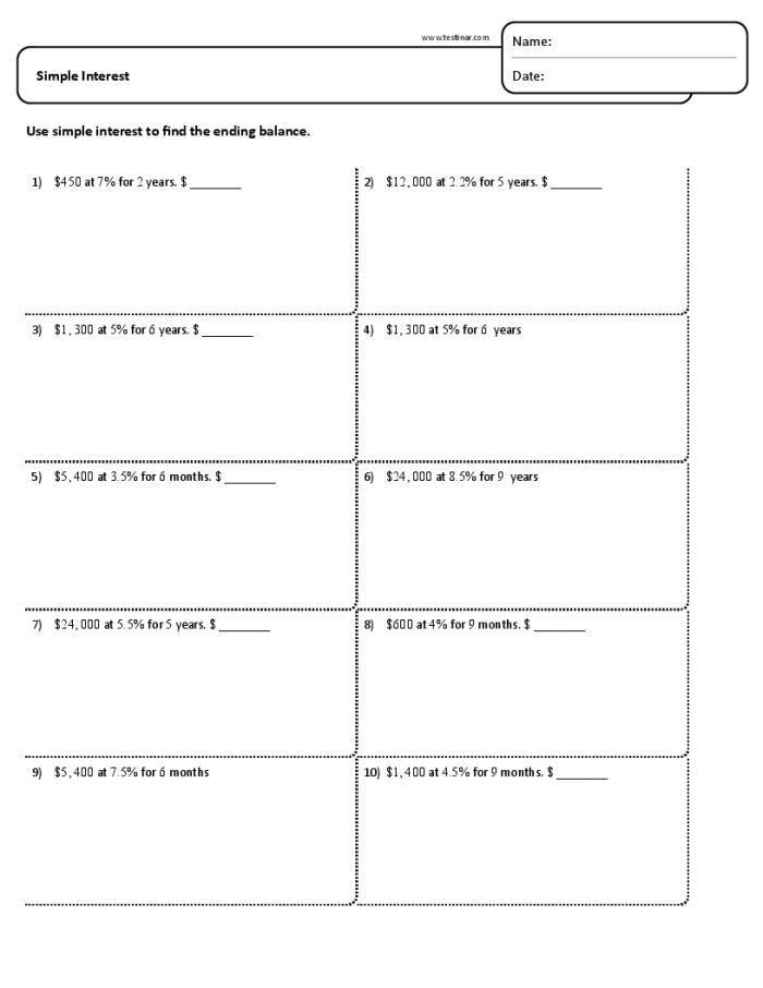 Seventh grade math worksheet showing simple interest word problems with financial scenarios for young students