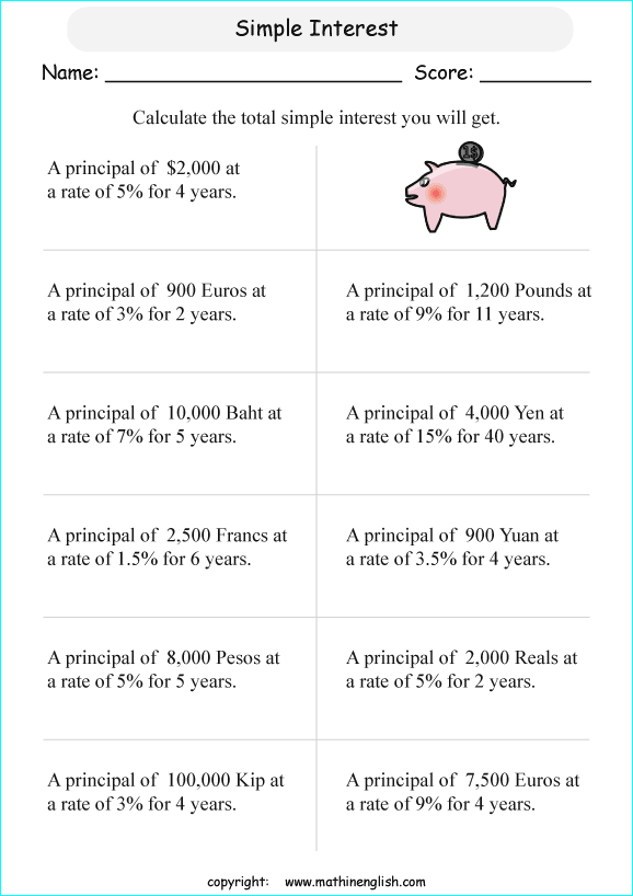 Seventh grade math worksheet featuring word problems about calculating simple interest