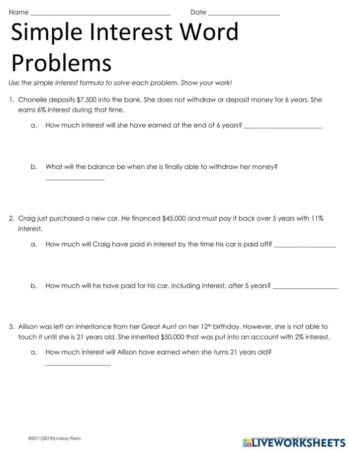 Seventh grade student solving simple interest word problems on a math worksheet with financial calculations