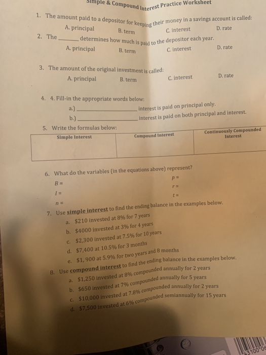 Seventh grade student solving simple interest calculations on a math worksheet with word problems about savings and loans