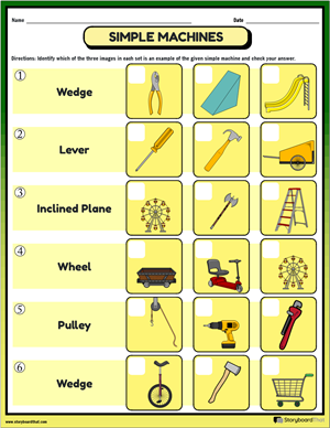 Educational resource image for teaching simple machines concepts to children Simple Machines worksheet for fourth graders exploring the six basic types of machines in everyday life