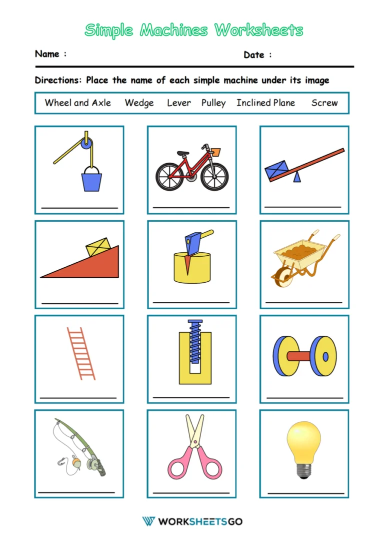 Illustration of various simple machines used in everyday life for educational purposes Simple Machines worksheet for fourth graders exploring basic mechanics and number theory