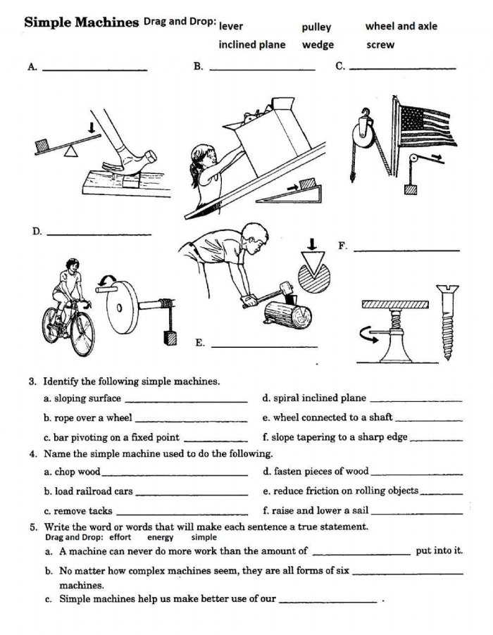 Engaging worksheet introducing the six simple machines in a fun way for kids Simple Machines worksheet for fourth graders exploring basic mechanical concepts