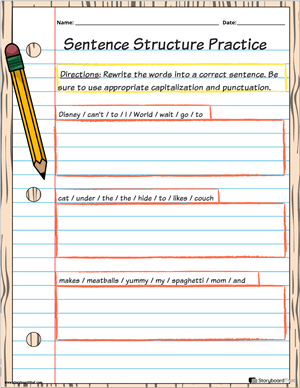 Engaging Simple Sentence Structure worksheet for creative writing skills Worksheet for practicing simple sentence structure with nouns and verbs for second graders