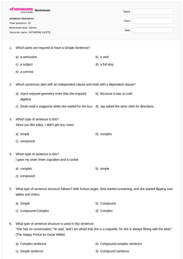 Simple Sentence Structure Worksheet for Second Grade Writing Skills Worksheet for practicing simple sentence structure with nouns and verbs for second graders