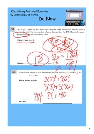 Eighth grade algebra worksheet for practicing solving equations with like terms