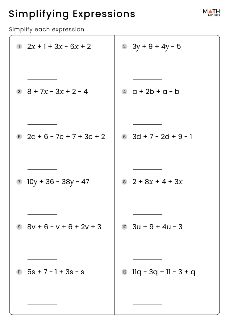 Worksheet for simplifying algebraic expressions aimed at sixth graders