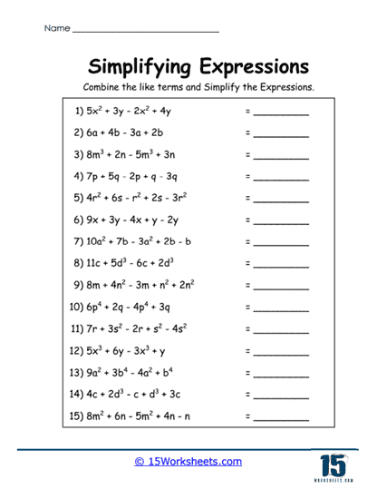 Worksheet for simplifying algebraic expressions aimed at sixth graders