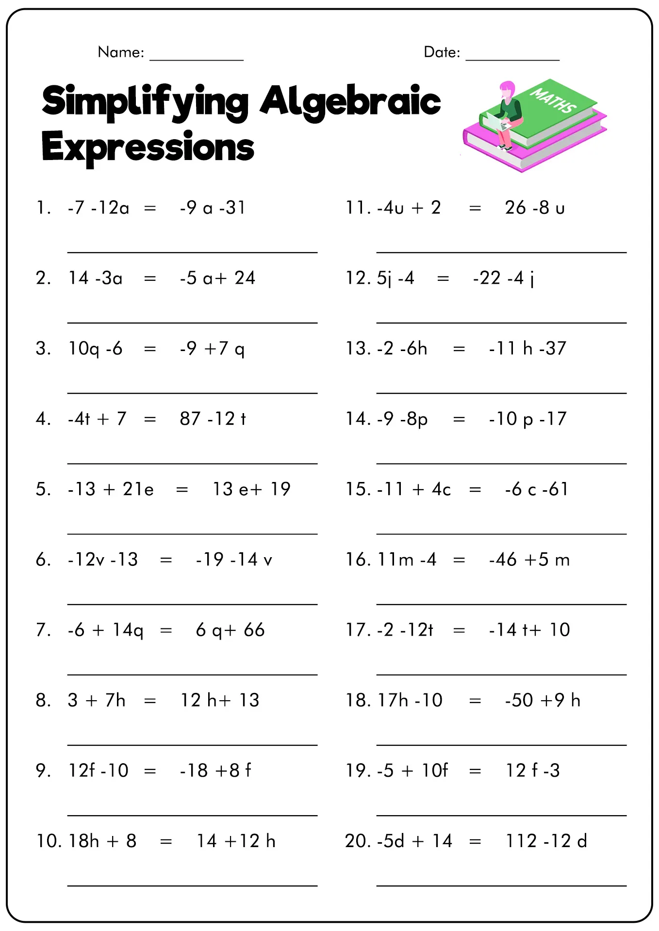 Sixth grade math worksheet explaining step by step methods to simplify algebraic expressions with multiplication