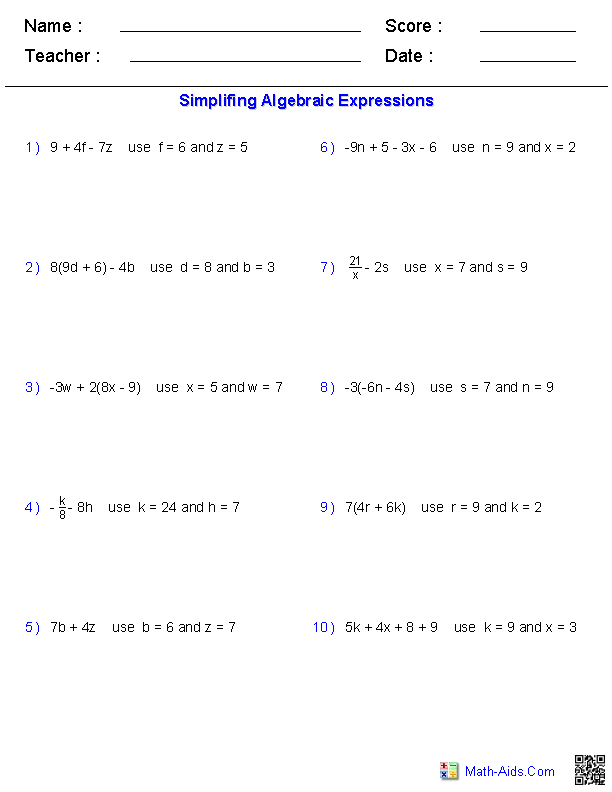 Sixth grade math worksheet for simplifying algebraic expressions using multiplication and step by step practice