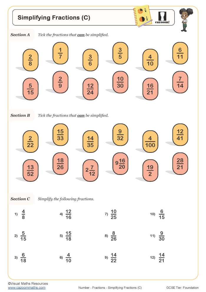 Simplify Fractions Practice Sheet 20 for Elementary Math Students Fourth grade math practice worksheet showing fraction simplification problems with visual models and answer spaces