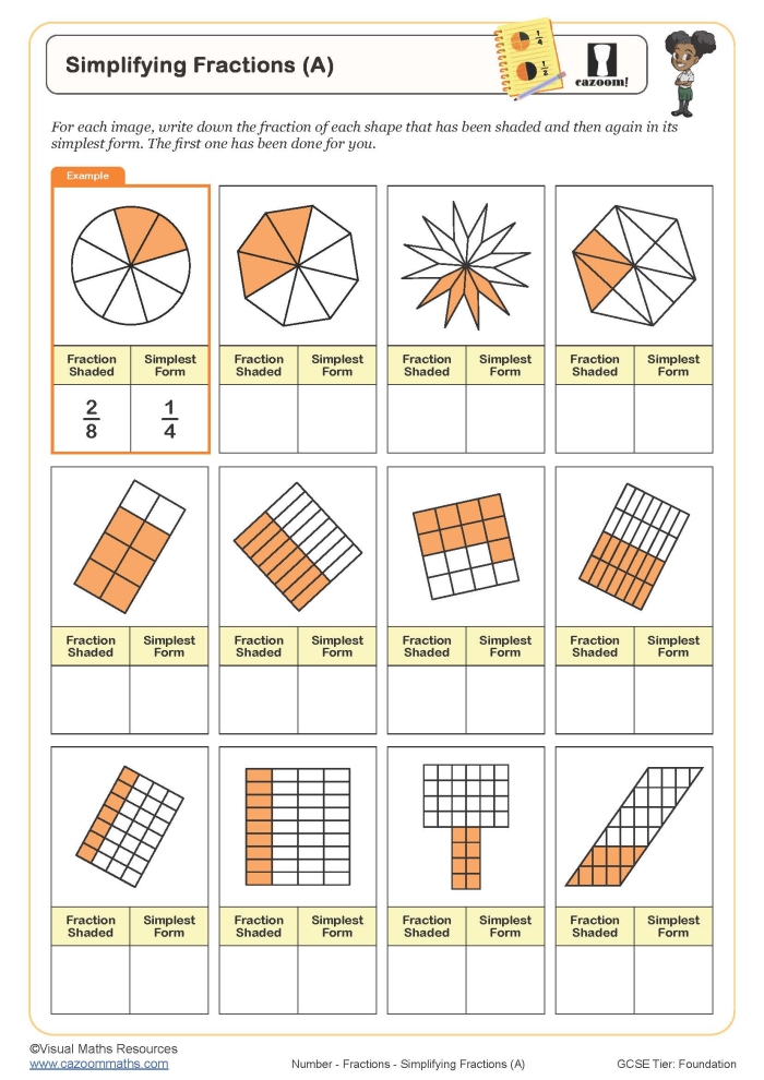 Fourth Grade Simplify Fractions Math Worksheet Eight Simplify fractions worksheet for fourth grade math practice set eight