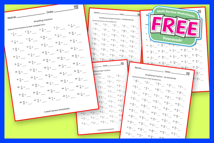 Simplify Fractions Practice Sheet 18 for Elementary Math Students Fourth grade math worksheet showing practice problems for reducing fractions to simplest form with visual fraction models