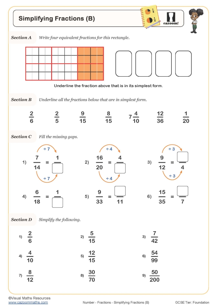 Simplifying Fractions Worksheet Number 15 for Grade 4 Math Practice Fourth grade math worksheet featuring practice problems for simplifying fractions