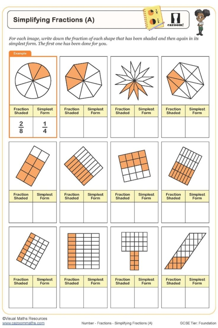 Simplifying Fractions Practice Exercise for 4th Grade Math Worksheet 11 Fourth grade math worksheet featuring a series of problems for students to practice simplifying fractions.