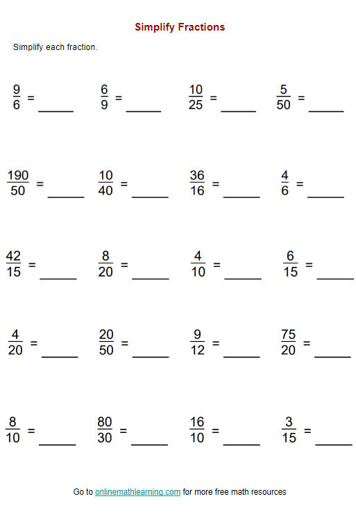 Simplifying Fractions Worksheet Number 6 for Fourth Grade Math Fourth grade math worksheet for practicing how to simplify fractions