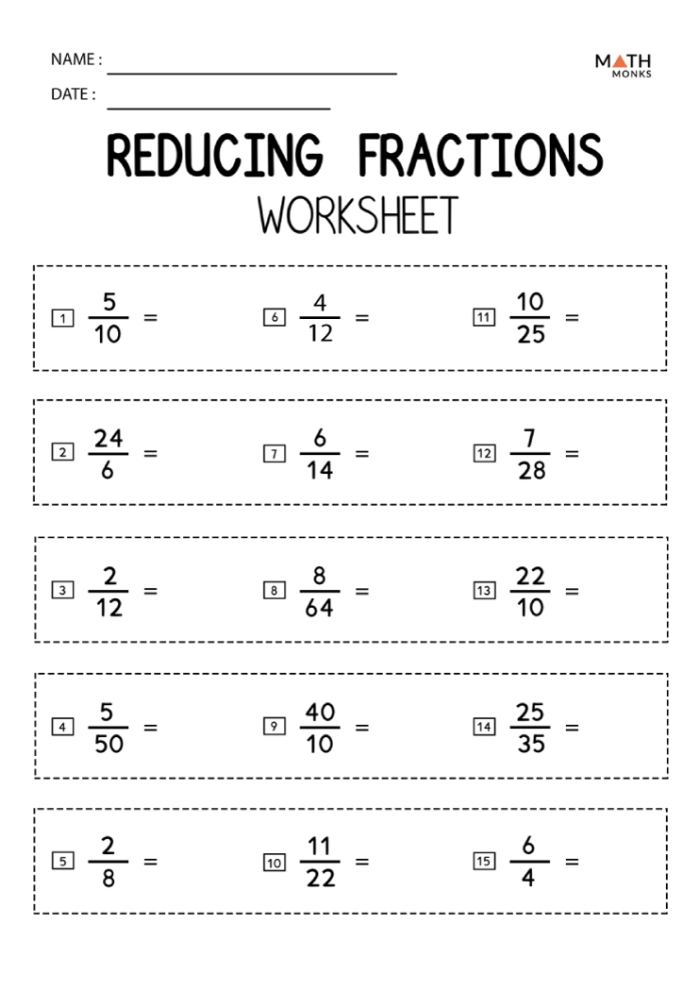 Simplifying Fractions Practice Worksheet for 4th Grade Students Fourth grade math worksheet featuring a series of problems for simplifying fractions