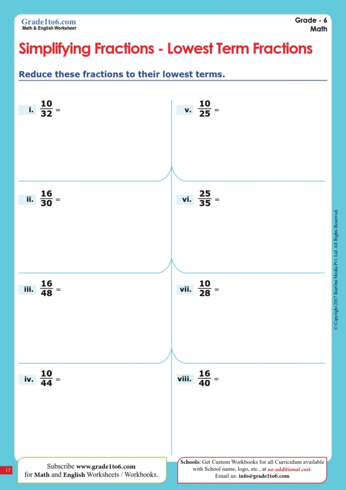 Simplifying Fractions Practice Worksheet for Grade 4 Number 13 Fourth grade math worksheet featuring a series of problems for students to practice simplifying fractions