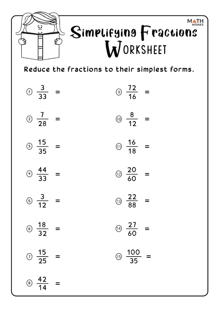 Simplifying Fractions Worksheet Number 24 for Grade 4 Students Fourth grade math worksheet for practicing how to simplify fractions with twenty-four unique problems