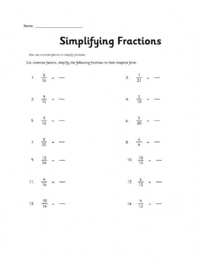 Simplifying Fractions Practice Exercise 20 Fourth grade math worksheet showing practice problems for reducing fractions to their simplest form