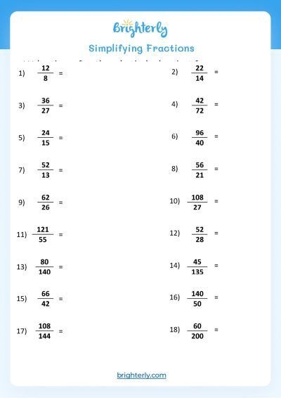 Simplifying Fractions Practice Exercise 4 Fourth grade math worksheet featuring several rows of fractions for students to simplify
