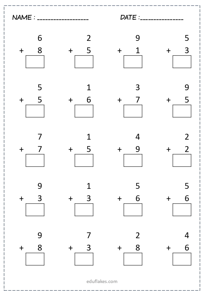 First grade single-digit addition practice worksheet showing math problems with sums up to 9 for young learners