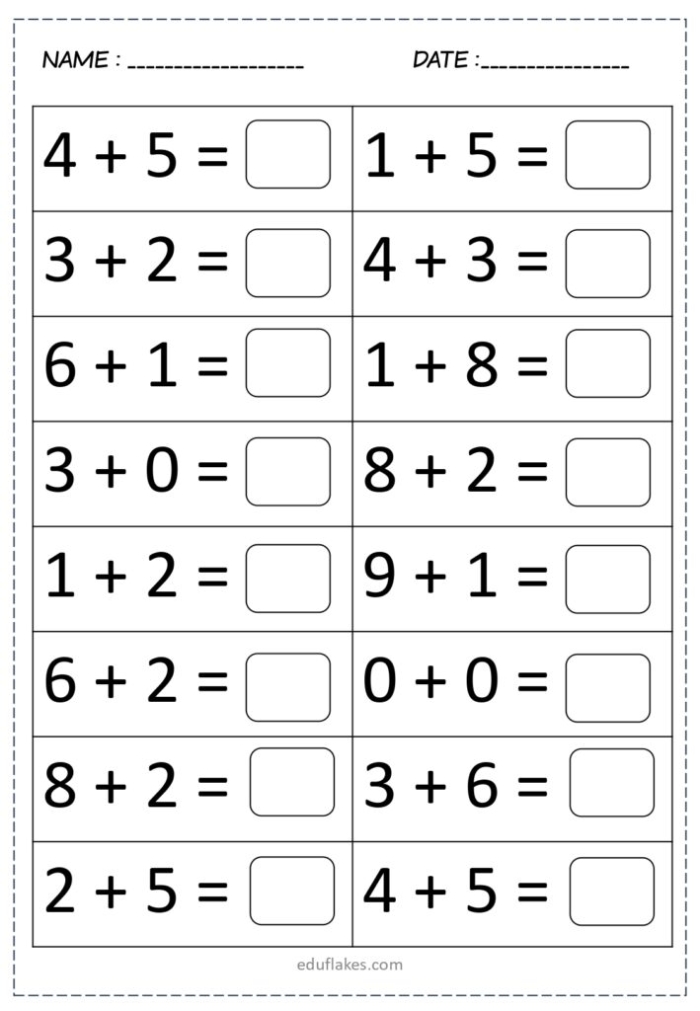 First grade student working on a single-digit addition math worksheet with sums up to nine