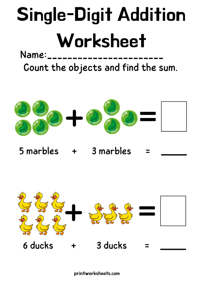 Engaging worksheet to help children practice single-digit addition skills Single Digit Addition worksheet for first graders featuring fun counting activities