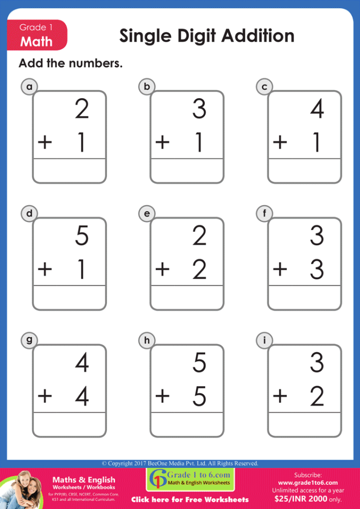 Engaging worksheet for young learners to master single digit addition concepts Single Digit Addition worksheet designed for first graders to practice counting and addition skills