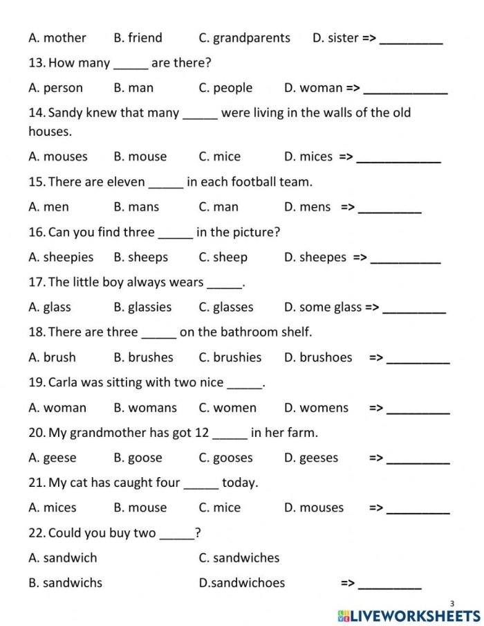 Worksheet for practicing singular and plural nouns with context clues
