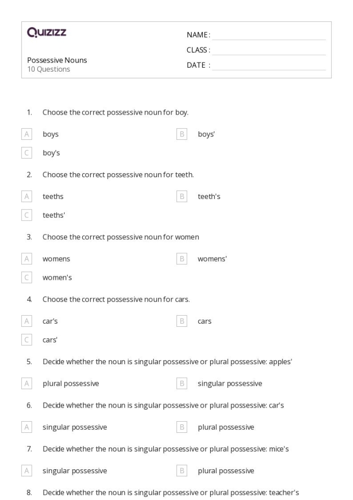 Singular and Plural Possessives Worksheet Number Two Fourth grade worksheet focused on using apostrophes to show singular and plural possession