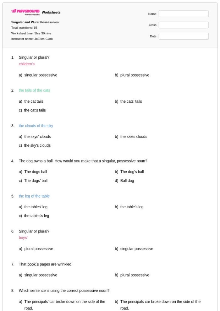Singular and Plural Possessives Worksheet Number 23 Fourth grade worksheet focused on identifying and writing correct singular and plural possessive forms