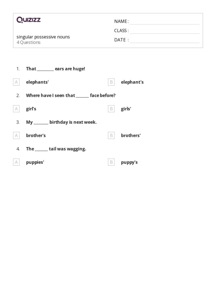 A second grade student worksheet showing exercises for forming singular possessive nouns with apostrophes and letter s