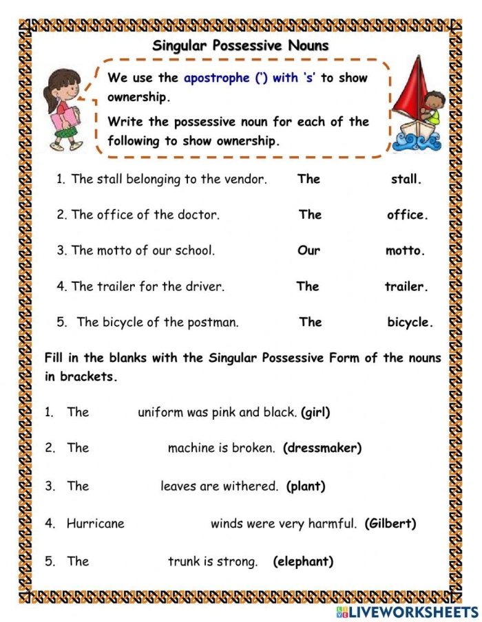 Second grade grammar worksheet focusing on forming singular possessive nouns with apostrophes