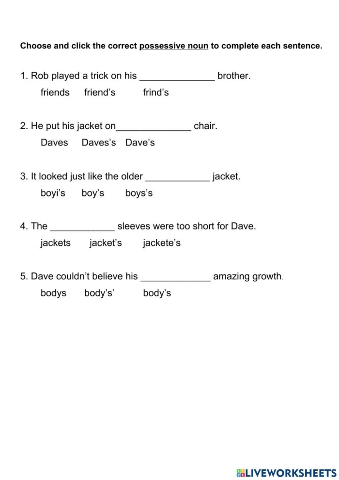 Second grade grammar worksheet showing singular possessive nouns with apostrophes and practice exercises for young learners