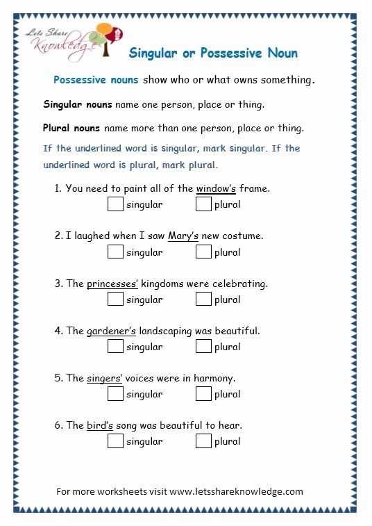 Second grade grammar worksheet focusing on forming singular possessive nouns with apostrophes