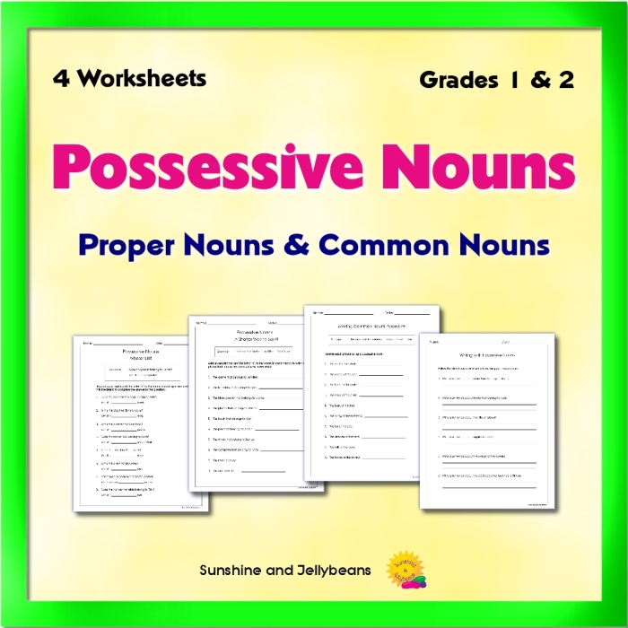 A second grade student worksheet showing exercises for forming singular possessive nouns with apostrophes and 's