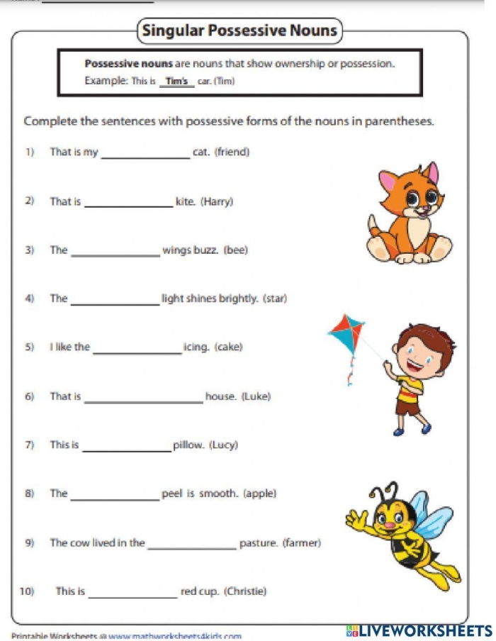 Second grade grammar worksheet showing exercises for forming singular possessive nouns with apostrophes