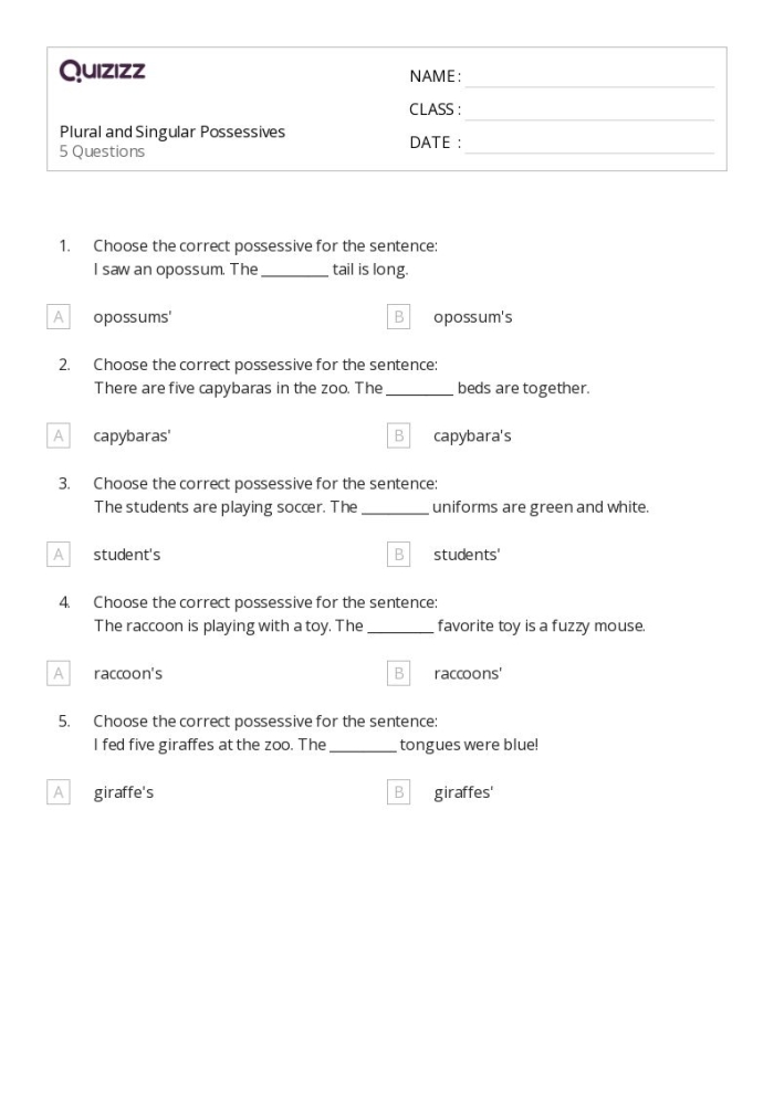 Second grade worksheet for learning how to form singular possessive nouns with apostrophes