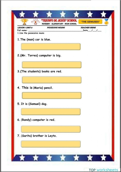 Second grade grammar worksheet focusing on forming singular possessive nouns with apostrophes