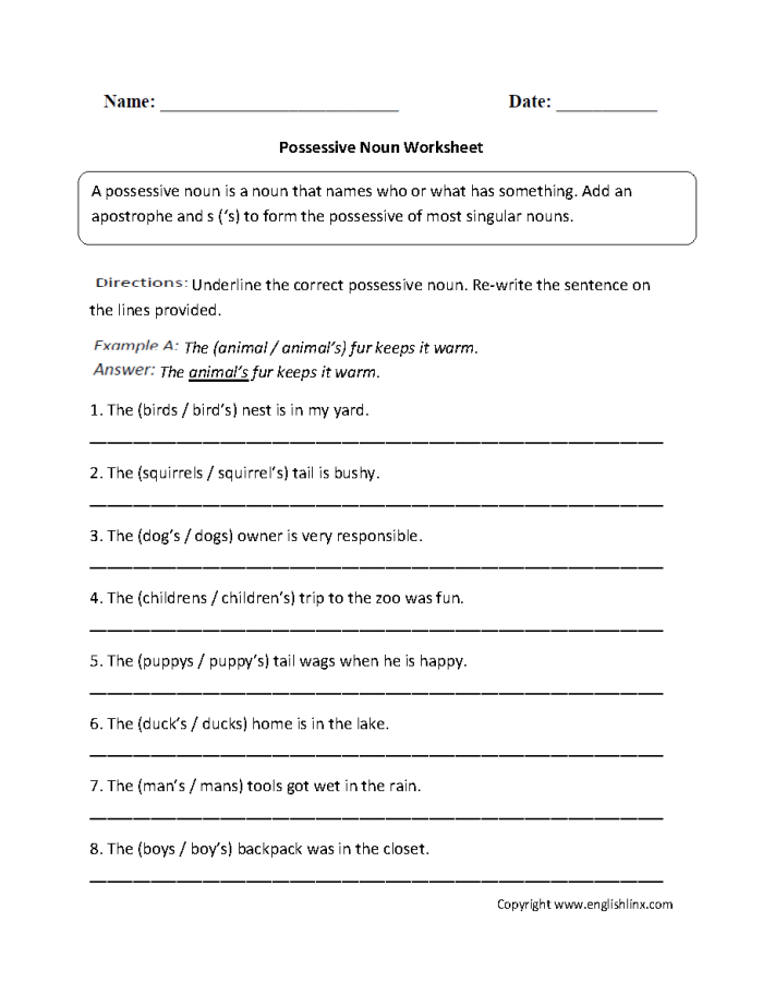 A second grade grammar worksheet showing examples of singular possessive nouns with apostrophes and practice exercises for students