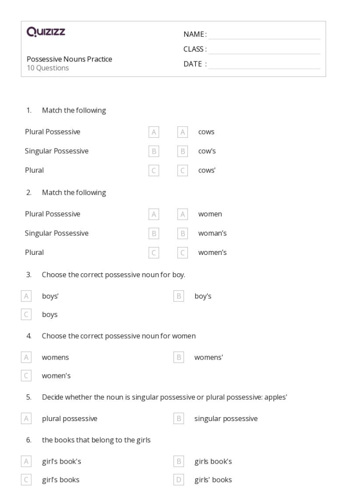 A second grade student worksheet showing singular possessive nouns with apostrophes and practice exercises for grammar mechanics